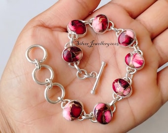 Pink Dahlia Turquoise Gemstone Bracelet, 925 Sterling Silver, Handmade