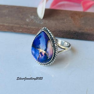 Handmade Kingman Turquoise Ring: Pear Stone 925 Sterling Silver Band Purple Dahlia