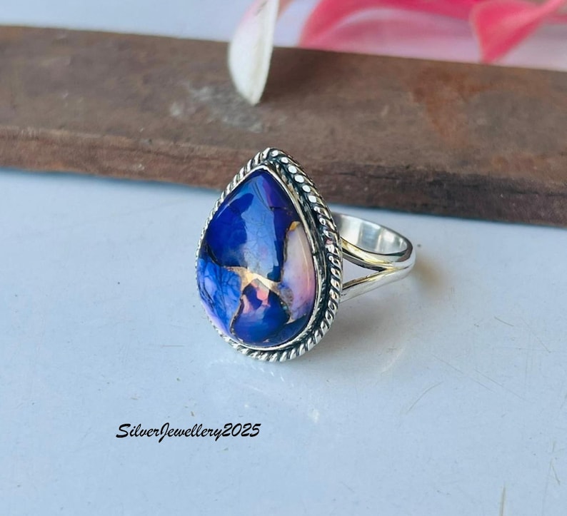 Handmade Kingman Turquoise Ring: Pear Stone 925 Sterling Silver Band Purple Dahlia