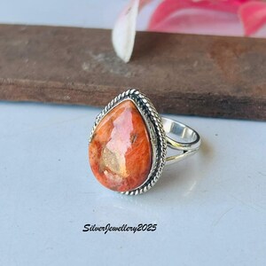 Handmade Kingman Turquoise Ring: Pear Stone 925 Sterling Silver Band Sponge Coral