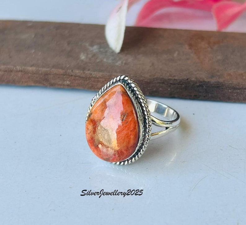 Handmade Kingman Turquoise Ring: Pear Stone 925 Sterling Silver Band Sponge Coral