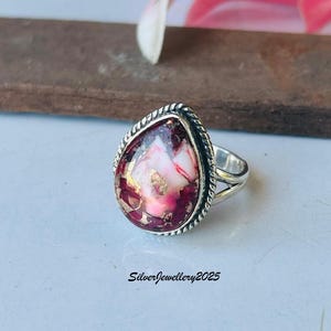Handmade Kingman Turquoise Ring: Pear Stone 925 Sterling Silver Band Red Rose Dahlia
