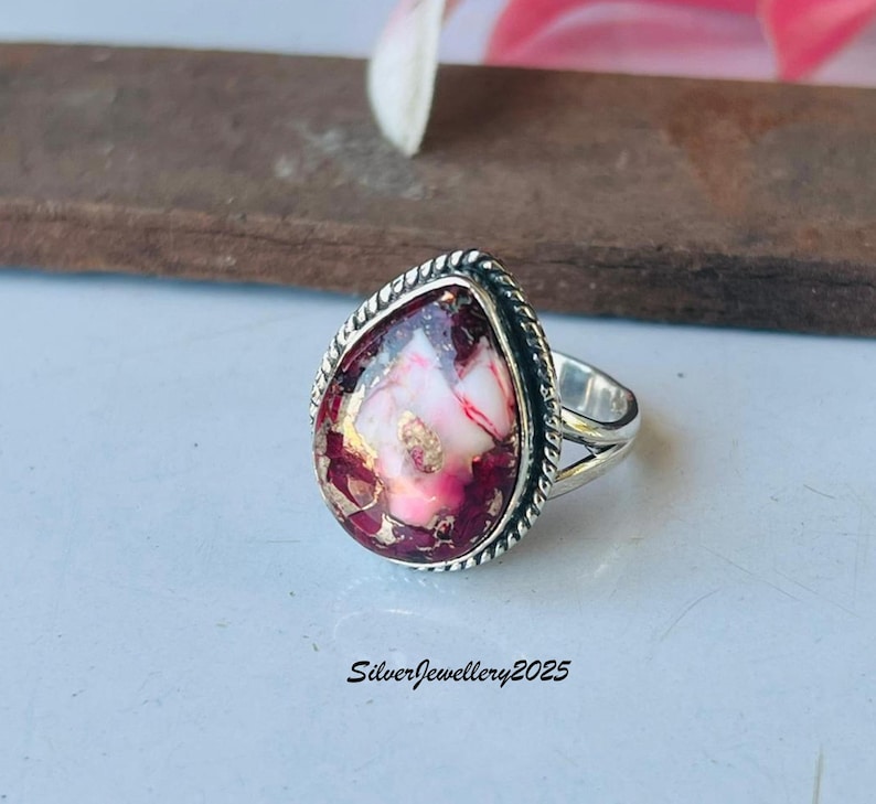Handmade Kingman Turquoise Ring: Pear Stone 925 Sterling Silver Band Red Rose Dahlia