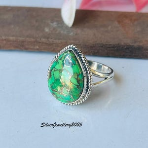 Handmade Kingman Turquoise Ring: Pear Stone 925 Sterling Silver Band Green copper