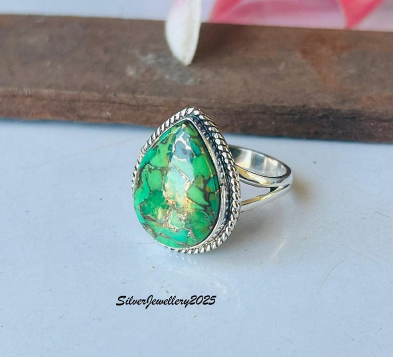Handmade Kingman Turquoise Ring: Pear Stone 925 Sterling Silver Band Green copper