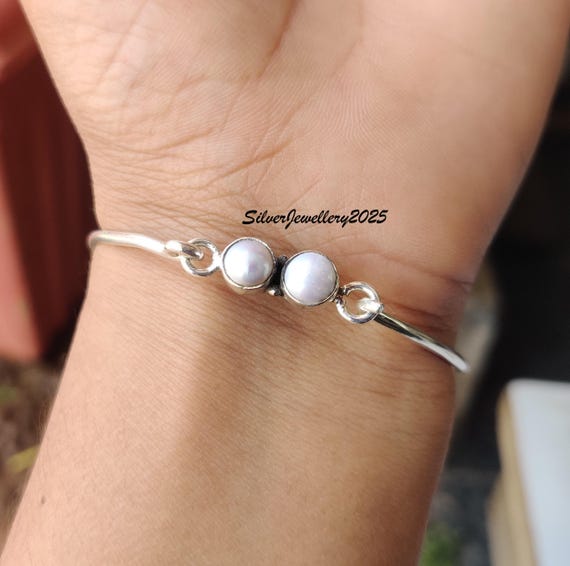 Handmade Dainty Pearl Bangle: 925 Sterling Silver Women's Jewelry