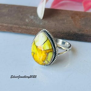Handmade Kingman Turquoise Ring: Pear Stone 925 Sterling Silver Band Honey Dahlia