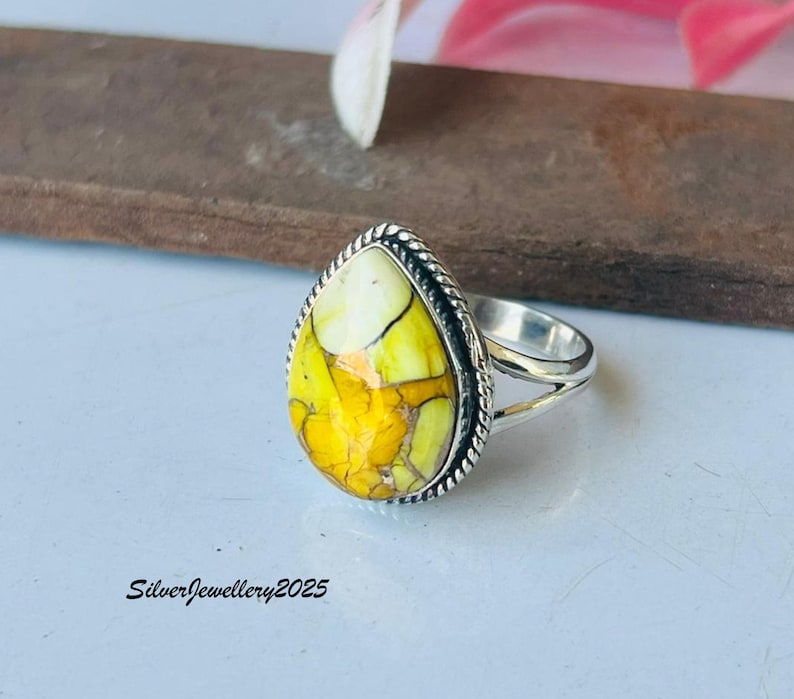 Handmade Kingman Turquoise Ring: Pear Stone 925 Sterling Silver Band Honey Dahlia