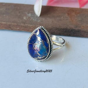 Handmade Kingman Turquoise Ring: Pear Stone 925 Sterling Silver Band Purple copper