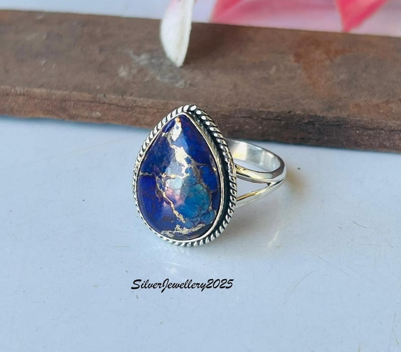 Handmade Kingman Turquoise Ring: Pear Stone 925 Sterling Silver Band Purple copper