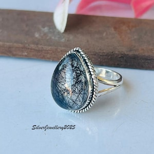Handmade Kingman Turquoise Ring: Pear Stone 925 Sterling Silver Band Black Rutile