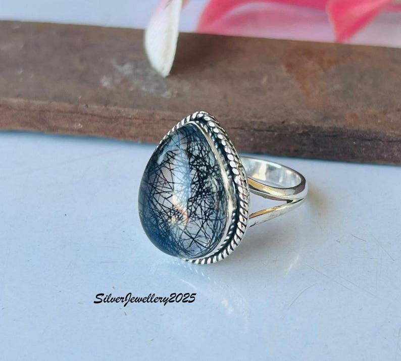 Handmade Kingman Turquoise Ring: Pear Stone 925 Sterling Silver Band Black Rutile
