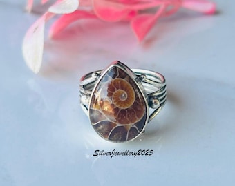 Pear Ammonite Fossil Ring: Handmade 925 Sterling Silver Gemstone Jewellery