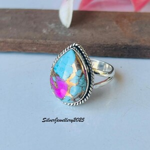 Handmade Kingman Turquoise Ring: Pear Stone 925 Sterling Silver Band Cotton Candy