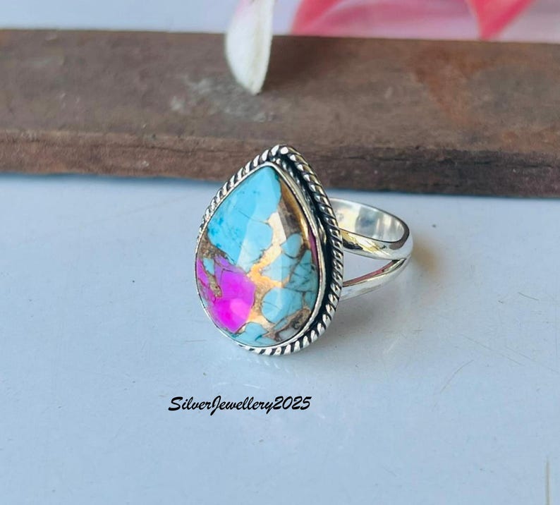 Handmade Kingman Turquoise Ring: Pear Stone 925 Sterling Silver Band Cotton Candy