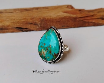 Handmade Kingman Turquoise Ring: Pear Stone 925 Sterling Silver Band