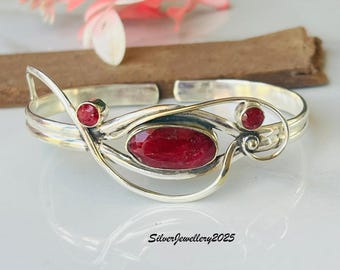 Handmade Ruby Gemstone Bangle: 925 Sterling Silver, Boho Bangle