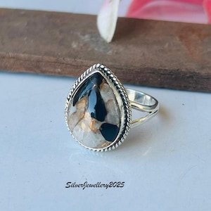 Handmade Kingman Turquoise Ring: Pear Stone 925 Sterling Silver Band Beffalo Turquoise