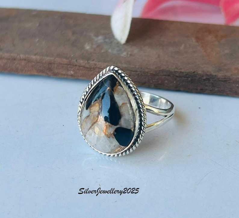 Handmade Kingman Turquoise Ring: Pear Stone 925 Sterling Silver Band Beffalo Turquoise
