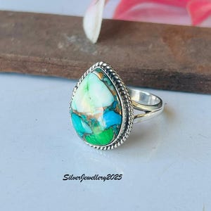 Handmade Kingman Turquoise Ring: Pear Stone 925 Sterling Silver Band Green Dahlia