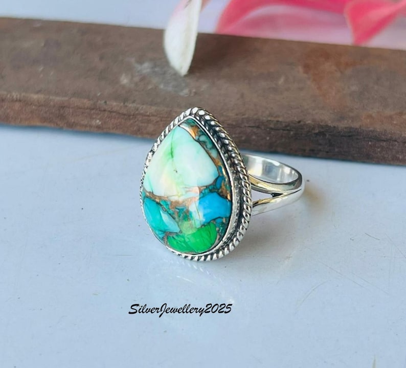 Handmade Kingman Turquoise Ring: Pear Stone 925 Sterling Silver Band Green Dahlia