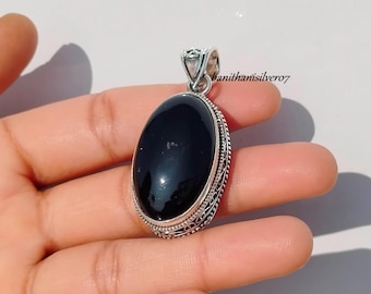 Colgante grande de ónix negro hecho a mano: collar de plata de ley 925