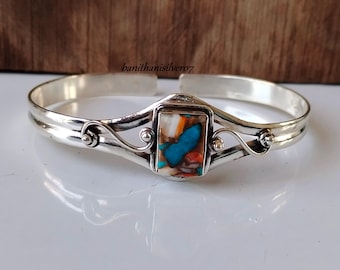 Oyster Copper Turquoise Sterling Silver Bangle - Handmade Gemstone Jewelry