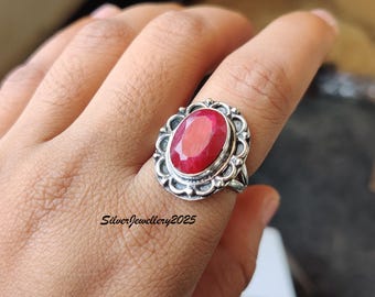 Handmade Ruby Gemstone Ring: 925 Sterling Silver Boho Band Ring
