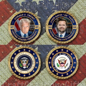 OFFICIAL PHOTOS -  2 Coin Set - 47th President Trump 50th Vice President Vance  Keepsake Collectible