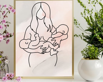 Twins Breastfeeding Art Print: Minimalist Motherhood Poster (Digital Download)