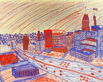 Stadtbild Baltimore Pen Zeichnung (in Baltimore Farben)