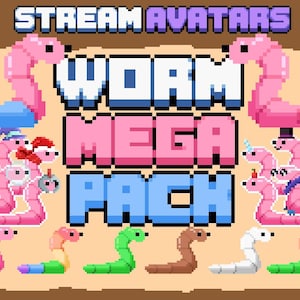 May include: A digital graphic showcasing pixelated worms in diverse colours and outfits. The text "STREAM AVATARS" and "WORM MEGA PACK" are displayed in a pixelated font. The worms are adorned with accessories such as hats and bow ties.
