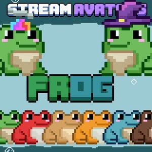 May include: Pixel art graphic featuring green frogs with accessories and the word "FROG" in green block letters. The top of the image has the text "STREAM AVATARS". Below the word "FROG" are six more pixelated frogs in different colors.