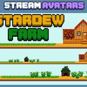 Pode incluir: Ilustração de pixel art de uma cena de fazenda do videogame Stardew Valley. A imagem apresenta uma fazenda com um telhado marrom e um gramado verde. O texto "Stardew Farm" é exibido em letras amarelas e verdes.