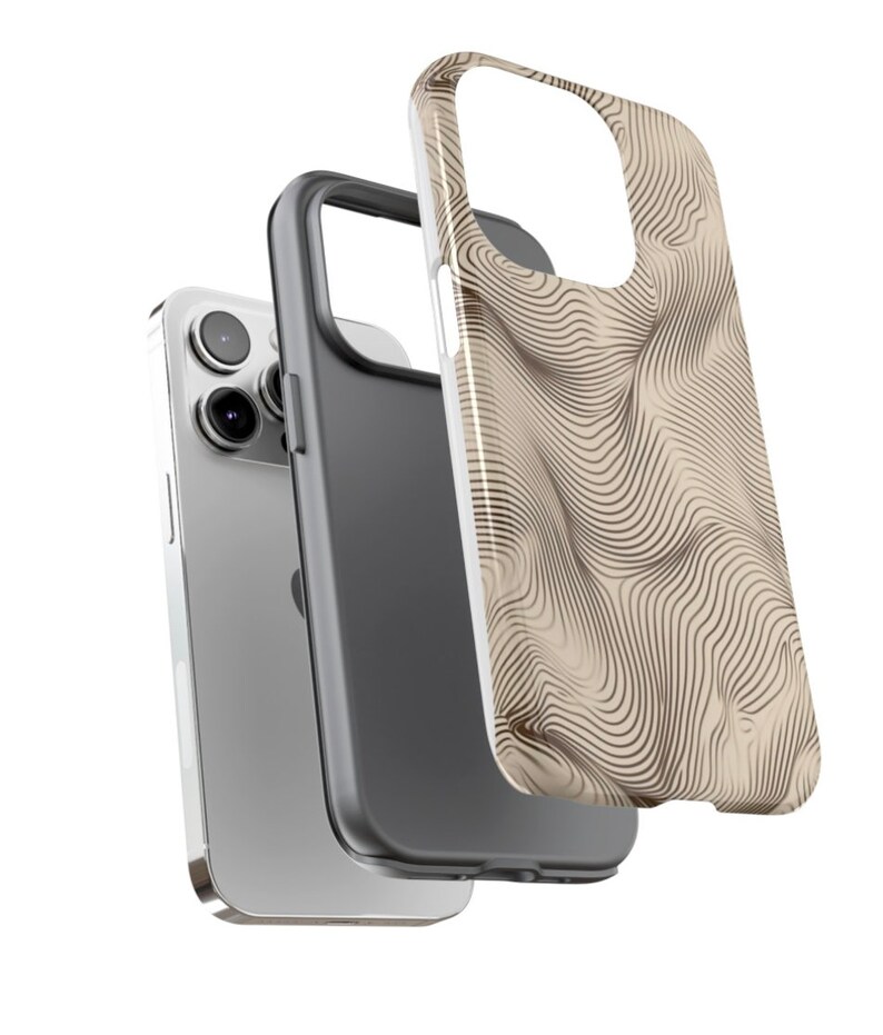 May include: A beige and brown phone case with a wavy line pattern. The case is shown with a silver phone.