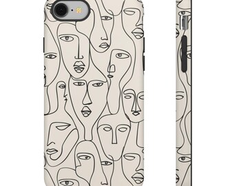 May include: A phone case featuring a cream-colored background with a repeating pattern of black line-drawn faces. The design covers the front, back, and side of the case, offering a modern and artistic aesthetic.