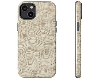 May include: A beige phone case with a wavy pattern. The case has a black camera cutout and a black border.