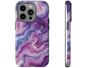 May include: Purple and blue marbled phone case with a swirl pattern. The case has a raised camera bump and a cutout for the phone's buttons.