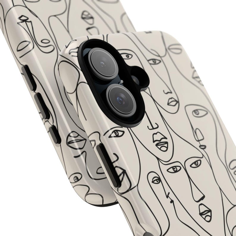 May include: Off-white phone case featuring a repeating pattern of abstract faces drawn with black lines. The case has a glossy finish and a black camera lens housing. The design is modern and artistic.