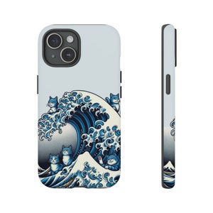 May include: A blue and white phone case with a design of a wave with cats on it.
