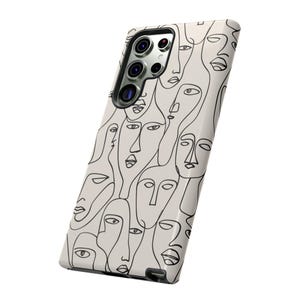 May include: A phone case with a cream-colored background and a repeating black line art design of abstract faces. The case has a camera cutout and a black border.