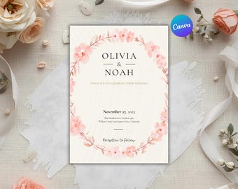 Autumn Floral Wedding Invitation Template, Blush Pink (Digital Download)