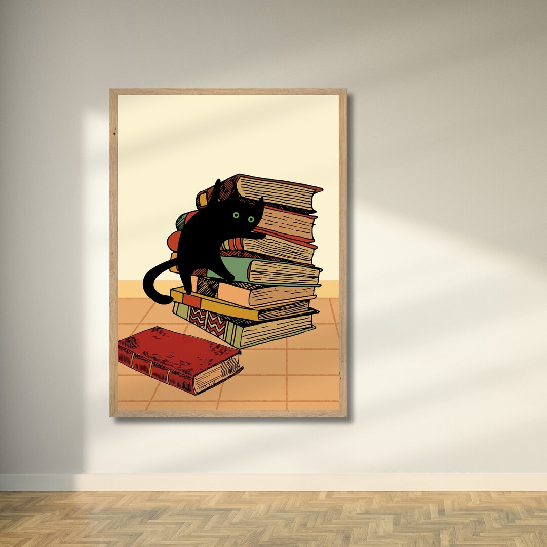 Minimalist Black Cat, Black Cat Wall Art, Black Cat and Books Wall Art, Cat Poster, Cat