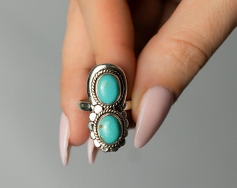 Echte Kingman-turkooisring, turkooiszilveren ring, twee stenen turkoois, turkoois boho-ring