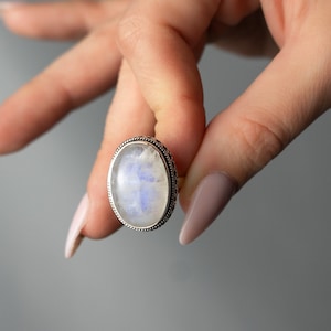 Genuine Rainbow Moonstone Ring, Moonstone Silver Ring, Moonstone Statement Ring, Boho Ring