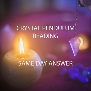 May include: A crystal pendulum hangs from a chain over a lit candle and crystals. The text "CRYSTAL PENDULUM READING SAME DAY ANSWER" is visible in the image.