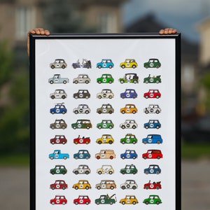 Póster 24x36 – 50 coches clásicos Mini Coopers ilustrados estilo dibujos animados