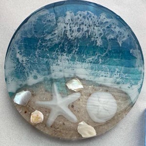 Ocean Coasters, resin coasters set, beach house, coffee table decor, beach house decor, ocean resin decor, starfish, shells, coastal decor