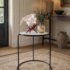 May include: A small, round side table with a black metal frame and a white marble top. A large white seashell sits on a wooden stand. A small gold vase with green sprigs and a lamp are also on the table. The table is on a patterned rug.