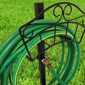 Freestanding sturdy hose holder station with brass faucet for your yard, decorative garden hose organizer 42 inches